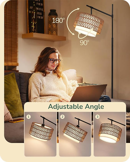 EDISHINE Rattan Floor Lamp with Dimmable Bulb, 5 Color Temperatures, Adjustable Farmhouse Standing Lamp with Remote, Black Floor Lamps for Living Room, Office, Bedroom