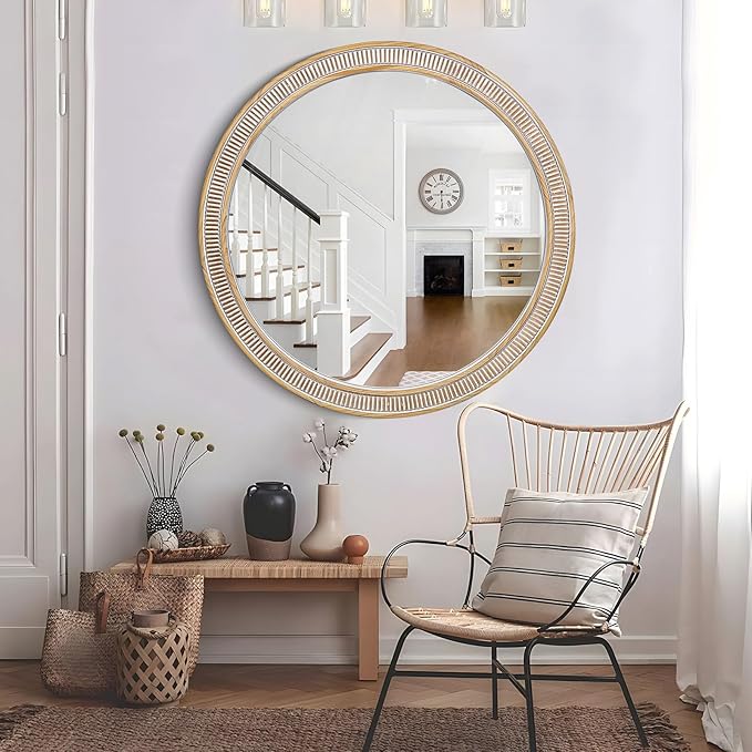 HOITUZYUS Round Wood Mirrors for Wall Decor, 30 Inch Rustic Farmhouse Circle Decorative Mirror for Bathroom, Living Room, Foyer, Entryway, Bedroom