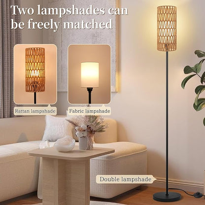 Ruiever Floor Lamp for Living Room,Farmhouse Floor lamp,Modern Standing lamp with Hand-Worked Rattan Shade (Double Shade-with Remote)