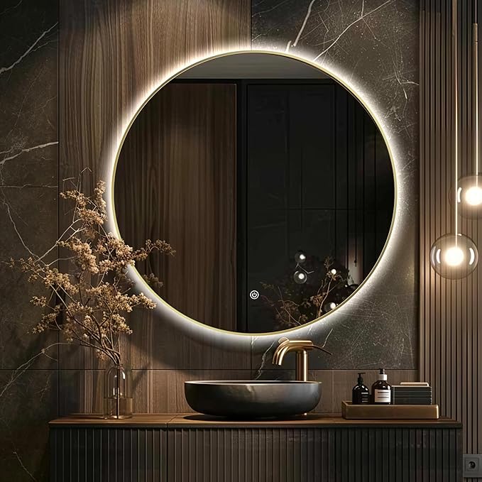 32" Round LED Bathroom Mirror, Wall Mounted Round Backlit Mirror LED Bathroom Vanity Mirror with Light Fog Free Circle Lighted Mirror with Shiny Gold Frame, Smart Light up Mirror 3-Color