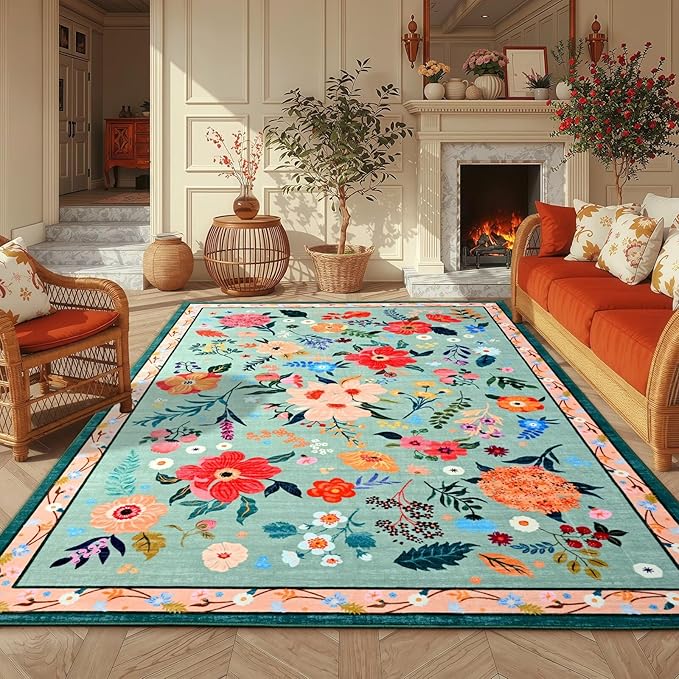 Macgace 5x7 Floral Rug for Girls Bedroom, Machine Washable Area Rugs with Non Slip Backingfor Living Room, Cute Flowers Carpet Kitchen Dining Room Kids Playroom Decor, Light Green