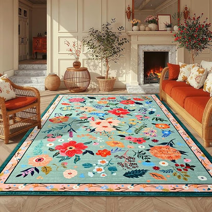 Macgace 5x7 Floral Rug for Girls Bedroom, Machine Washable Area Rugs with Non Slip Backingfor Living Room, Cute Flowers Carpet Kitchen Dining Room Kids Playroom Decor, Light Green