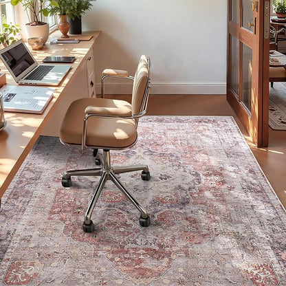 YOH Boho Washable Rug 9x12, Rust Red Vintage Non Slip Area Rug, Distressed Indoor Carpet for Living Room Bedroom Kitchen Office