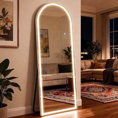 Arched LED Mirror Full Length - 64" x 21" Large Arch Floor Full Body Mirror with 3 Color Lights Brightness Adjustable, Standing Leaning for Bedroom, Dressing Room, Cloakroom, White