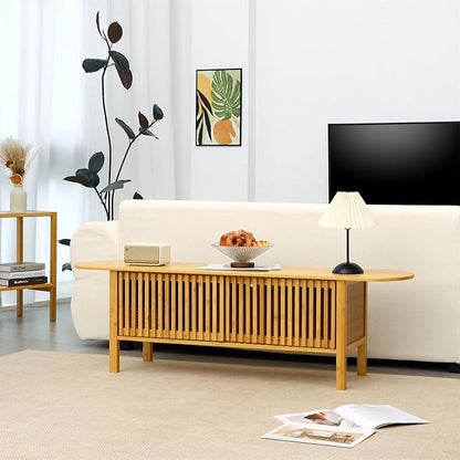 Bamboo TV Stand for TVs up to 65", Accent Entertainment Center with Storage, Media Console Table with Fence Door, Modern TV Stand for Living Room, Bedroom, 55"(L), Burlywood