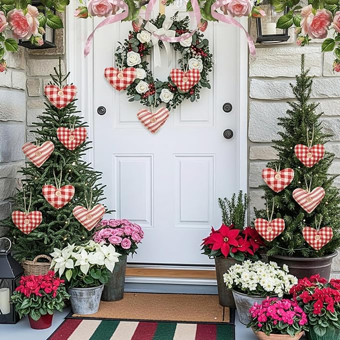 Soulchen 12 Pcs Valentine's Day Heart Ornaments Vintage Fabric Stuffed Heart Hanging Ornaments Rustic Red Buffalo Plaid Hanging Decor with Button for Tree Farmhouse Anniversary Wedding Party, 3 Style