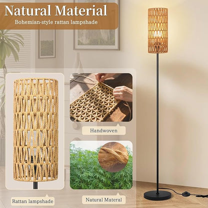 Ruiever Floor Lamp for Living Room,Farmhouse Rattan Floor lamp,Modern Standing lamp with Hand-Worked Rattan Shade,Black Tall Lamp with Foot Switch for Bedroom,Kids Room,Office,LED Bulb is Included.