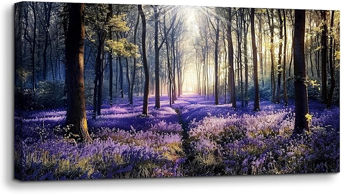 crmotu Nature Landscape Large Wall Art, Lavender Forest Nature Canvas Painting, Sunshine Scenery Aesthetic Art Prints, Purple Floral Wall Pictures for Living Room Bedroom Home Office 29X57 Inches