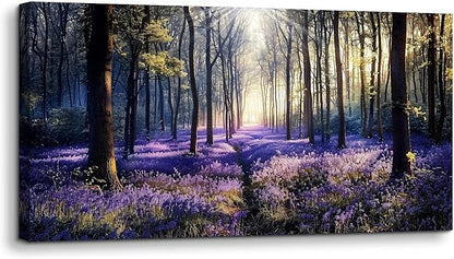 crmotu Nature Landscape Large Wall Art, Lavender Forest Nature Canvas Painting, Sunshine Scenery Aesthetic Art Prints, Purple Floral Wall Pictures for Living Room Bedroom Home Office 29X57 Inches