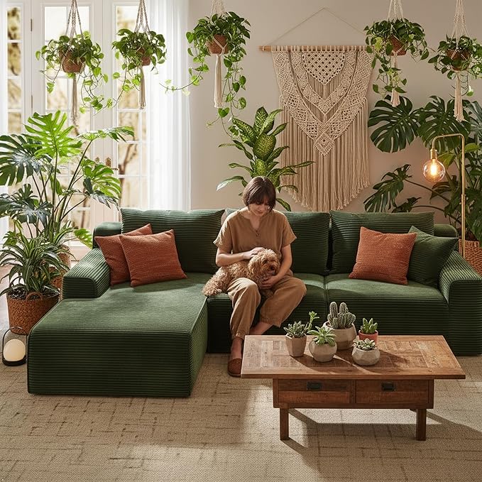 Homkdom L-Shaped Cloud Boneless Couch with Deep Seat, Modular Sectional Sofa with Oversized Chaise, 6 Layouts Combination for Living Room, Apartment, No Assembly (Green, Left Chaise)