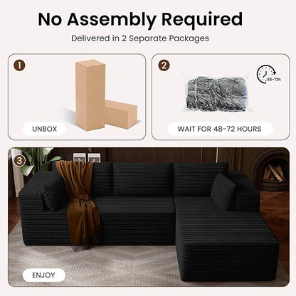 106" Cloud Sectional Boneless Couches for Living Room, Modular L Shaped Couch with Deep Seat Oversized Right Facing Chaise, Memory Foam Compressed Spineless 3 Seater Sofa for Apartment, Black