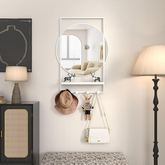28" x 20" Entryway Mirror with Hooks, Bathroom Mirror with Shelf, Rectangular Frame Round Wall Mirror with Shelf and Hooks, Vanity Mirror Decorative for Wall(White)