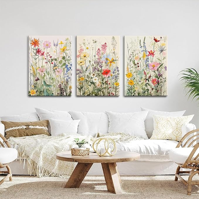 KISSFOX 3 Piece Watercolor Flower Framed Wall Art Decor Colorful Botanical Wildflower Pictures Paintings Wall Decor Modern Minimalist Floral Canvas Art Prints Artwork For Bedroom Living Room Bathroom