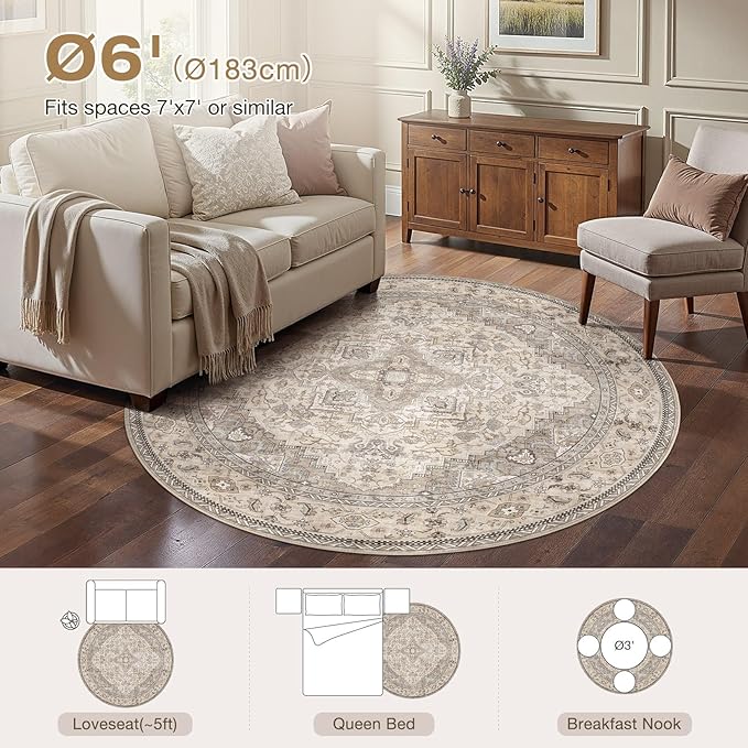 6FT Round Area Rugs for Living Room - Washable Neutral Vintage Distressed Farmhouse Large Soft Floor Rug Indoor Carpet for Bedroom Dining Room Office - Brown/Multi
