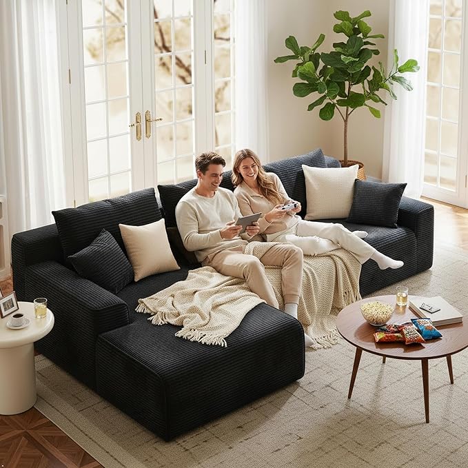Homkdom L-Shaped Cloud Boneless Couch with Deep Seat, Modular Sectional Sofa with Oversized Chaise, 6 Layouts Combination for Living Room, Apartment, No Assembly (Black, Left Facing Chaise)