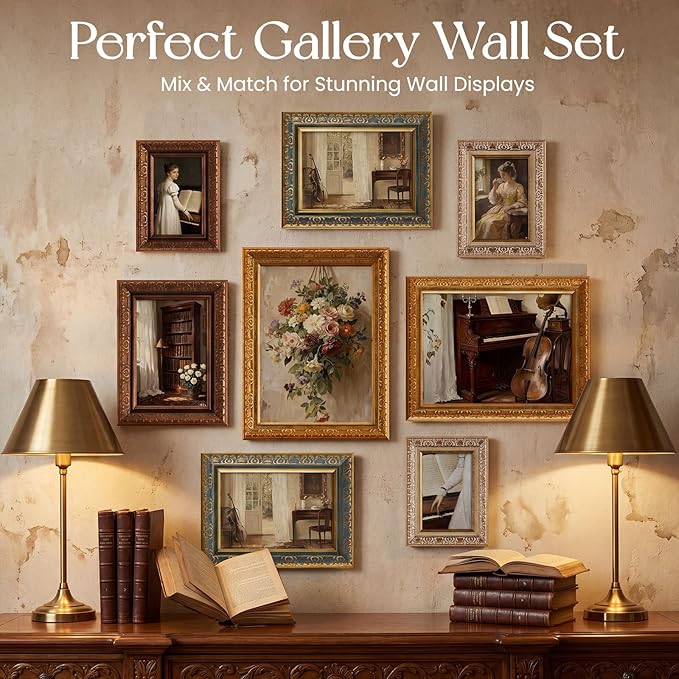 Novabright 8 Pcs Multicolor Vintage Picture Frames Gallery Wall Frame Set Antique Collage Photo Decor for Wall Mounting or Tabletop Display Multi Sizes for Gallery Living Room (8x10, 5x7, 4x6)