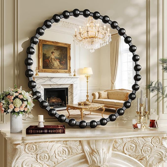 Round Vanity Mirror with Beaded Frame, 28 Inch Circle Wall Mirror for Bedroom Dresser, Entryway, Bathroom, Living Room, Decorative Hanging Wall Mirror, Black