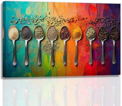 OAAPITI Kitchen Canvas Wall Art Colorful Spices Seasoning Spoon Picture Print Rustic Contemporary Artwork For Home Kitchen Dining Room Wall Decor(Artwork-2,28"x42")