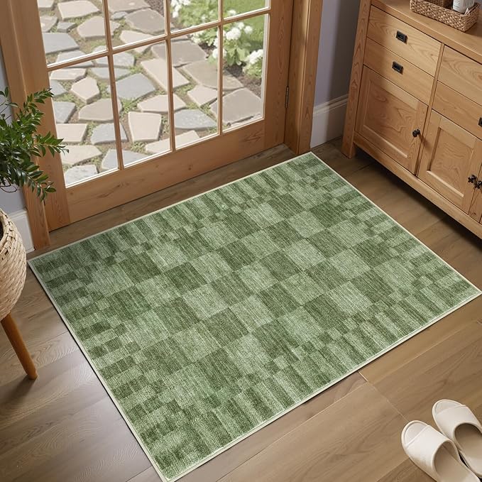 GarveeHome Moss Green Checkered Rug 2x3 Washable Rug Non-Slip for Entryway, Soft Low-Pile Small Area Rugs,Beige Neutral Modern Geometric Rugs for Kitchen
