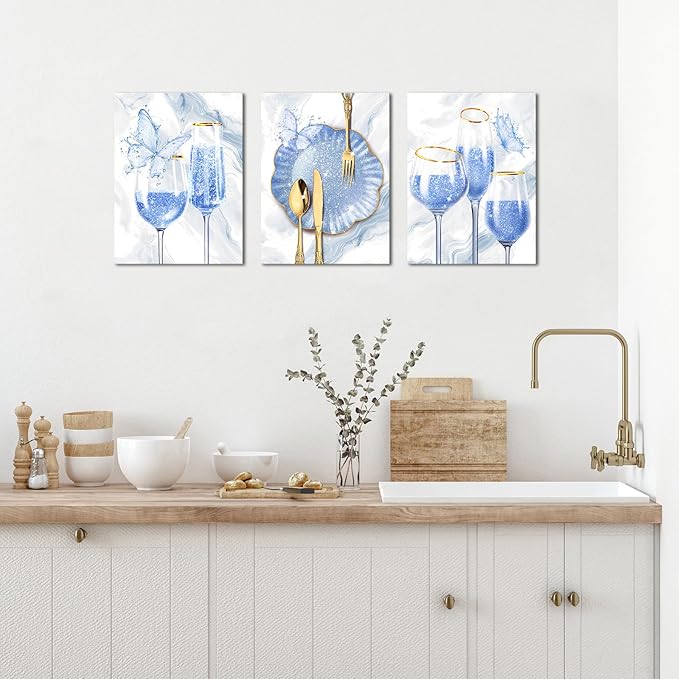 sechars 3 Pieces Set Kitchen Wall Decor Pink Wine Glass Wall Art Gold Utensils Canvas Prints Modern Dining Room Pictures (Blue)