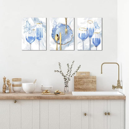 sechars 3 Pieces Set Kitchen Wall Decor Pink Wine Glass Wall Art Gold Utensils Canvas Prints Modern Dining Room Pictures (Blue)