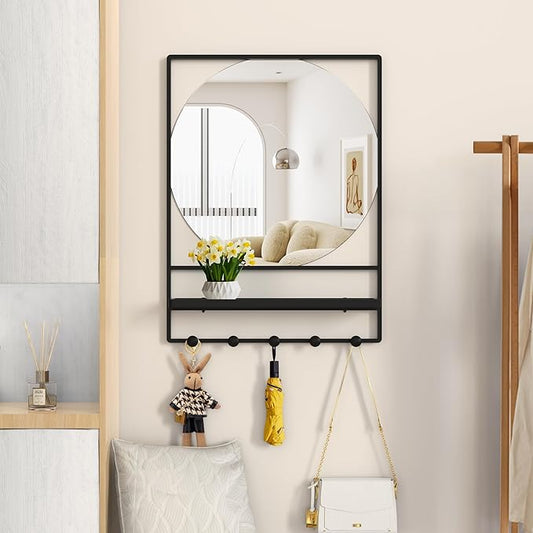 Wall Mirror with Shelf and Hooks, 21" X 28" Metal Framed Bathroom Mirror with Shelf, Decorative Mirror for Bathroom, Entryway, Bedroom, Living Room (Black, 21 x 28)