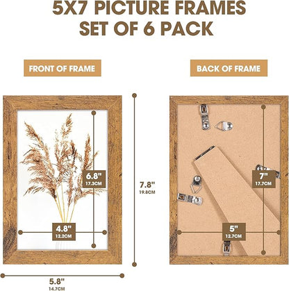 TWING 5x7 Picture Frames Set of 6, Rustic Photo Frames Collage for Wall Decor Mounting or Table Display,Home Decorative Wall Gallery Picture Photo Frame Wood Brown,Walnut