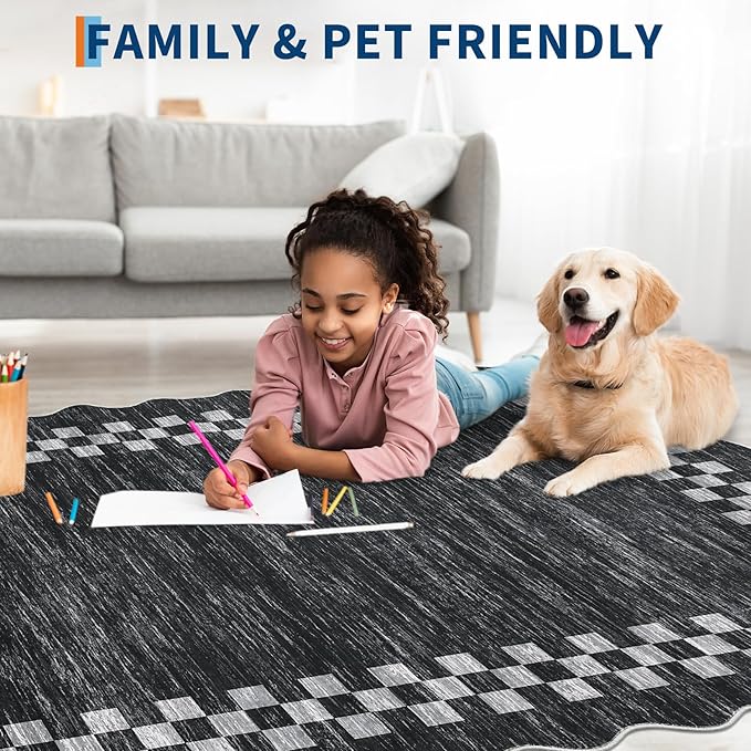 Small Bedroom Area Rug 3x5 Checkered Area Rug for Living Room Nursery Non Slip Kitchen Throw Carpet Low Pile Modern Bordered Rugs Washable Bathroom Mat Soft Brown Rugs for Laundry Entryway, Grey