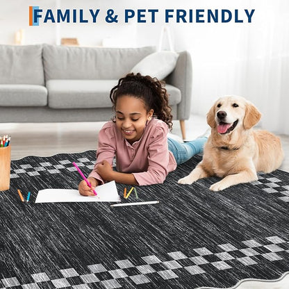 Small Bedroom Area Rug 3x5 Checkered Area Rug for Living Room Nursery Non Slip Kitchen Throw Carpet Low Pile Modern Bordered Rugs Washable Bathroom Mat Soft Brown Rugs for Laundry Entryway, Grey