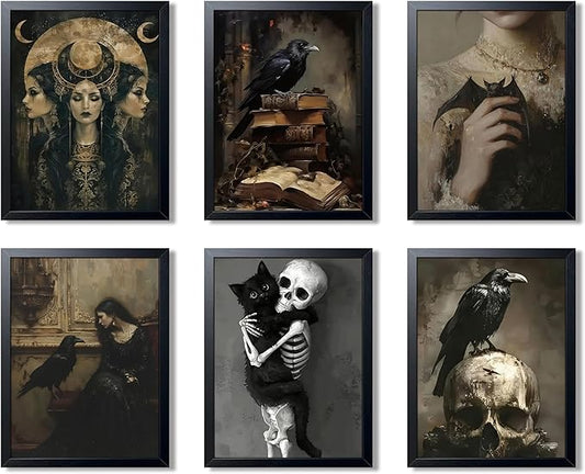 XYHYRA Vintage Gothic Wall Art Set of 6, Dark Academia Witchy Posters, Victorian Raven & Skull Prints, Halloween Home Decor for Living Room Bedroom Bathroom 12x16 Inch Unframed