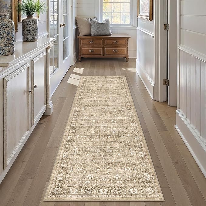 2'6"x8' Beige Runner Rug Hallway Non Slip Washable Area Rugs Kitchen Soft Khaki Vintage Boho Long Rug Distressed Floral Carpet Indoor Low Pile Throw Rug for Bedroom Bathroom Laundry Dining Room Office