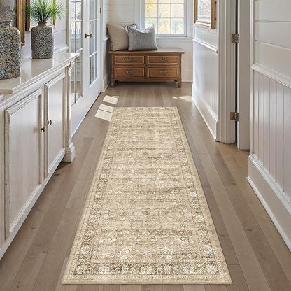 2'6"x8' Beige Runner Rug Hallway Non Slip Washable Area Rugs Kitchen Soft Khaki Vintage Boho Long Rug Distressed Floral Carpet Indoor Low Pile Throw Rug for Bedroom Bathroom Laundry Dining Room Office