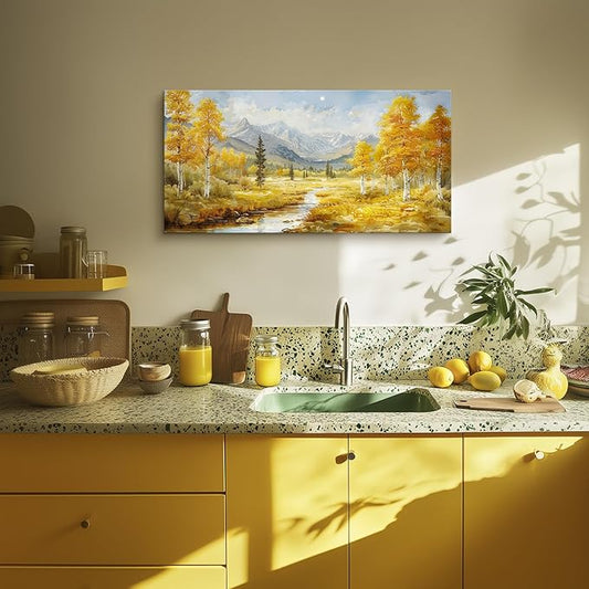 crmotu Autumn Landscape Wall Art, Birch Tree Forest Large Artwork, Mountain River Scenic Canvas Painting, Rustic Aesthetic Pictures Wall Decor Living Room Bedroom Bathroom Kitchen Art Prints 24x48inch