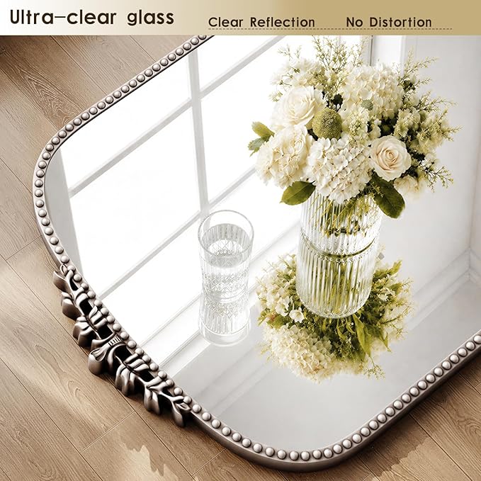 Antique Full Length Mirror 71" x 32", Antique Silver Arched Large Vintage Mirror in Baroque Style with Tempered Glass, Freestanding for Bedroom, Living Room, Cloakroom
