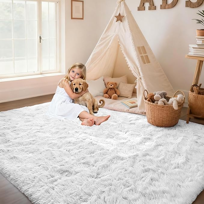 White Rugs for Bedroom: 4x6 Fluffy Shag Soft Washable Rug Fuzzy Plush Indoor Carpet for Living Room Kids Girls Boys Room Nursery Dorm (White, 4'x6')