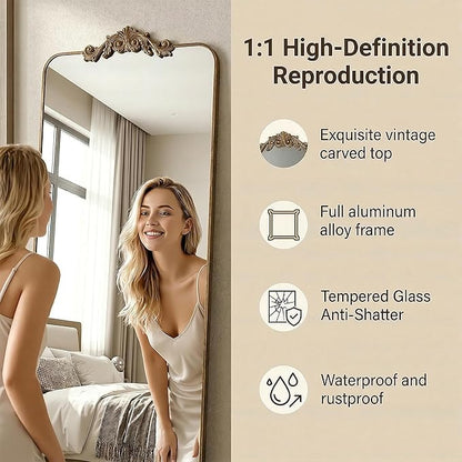 Antok Arched Full Length Mirror, 81"x41" Floor Mirror with Carved, Full Body Mirrors for HomeDecor, Standing/Halling Large Wall Mirror for Bedroom, Living Room, Cloakroom, Bronze, Ornate Style