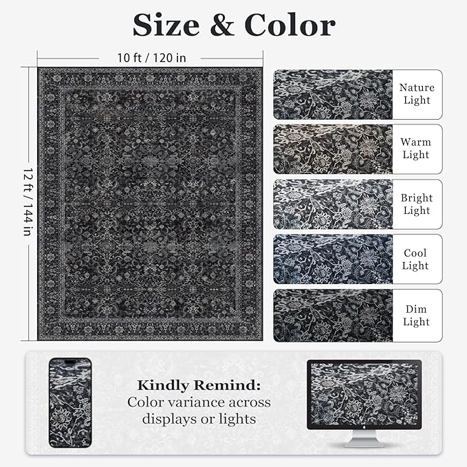 Dark Big Rug 10x12, Vintage Carpet Large Size 10x12 for Living Room Bedroom, Washable Non Slip Low Pile Thin Room Rug for Dining Room Family Room, Farmhouse Earth Tone Midnight