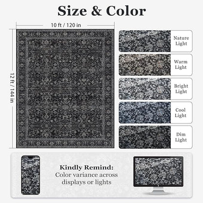 Dark Big Rug 10x12, Vintage Carpet Large Size 10x12 for Living Room Bedroom, Washable Non Slip Low Pile Thin Room Rug for Dining Room Family Room, Farmhouse Earth Tone Midnight
