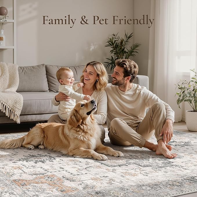GENIMO 4x5 Area Rugs for Living Room, Machine Washable Rug, Non Slip Indoor Vintage Rug, Low Pile Lightweight Chenille Print Carpet for Bedroom Dining Room Home Office, Light Taupe Brown