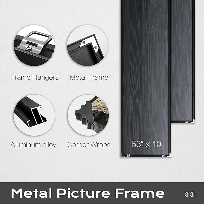 Large Framed Long Narrow Vertical Abstract Wall Art Set of 2, Premium Crystal Porcelain Canvas Prints, Black White Gold Modern Design - Perfect for Entryway, Hallway, Living Room, Bedroom - 63x10 inch
