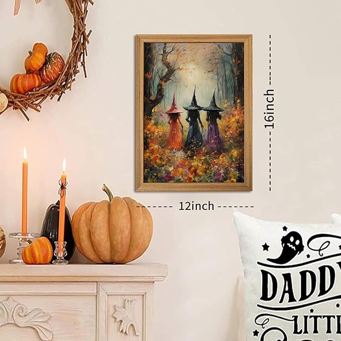 Framed Vintage Halloween Witch Wall Art – Halloween 3D Texture Witches Pictures Fall Decor for Living Room, Mysterious Forest Witchy Sandstone Aesthetic Art Prints for Bedroom Kids Room – 12x16in
