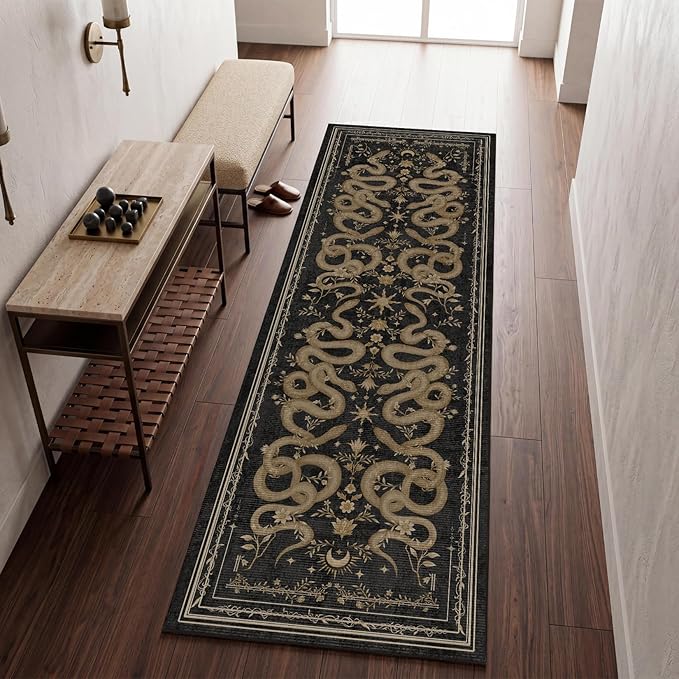 Garvee Snake Gothic Washable Kitchen Runner Rug 2x6 Dark Whimsical Unique Soft Thin Indoor Floor Mat for Bathroom Hallway Entryway Bedroom Indoor Decor Low Pile Non-Slip TPE Backing Black Gray
