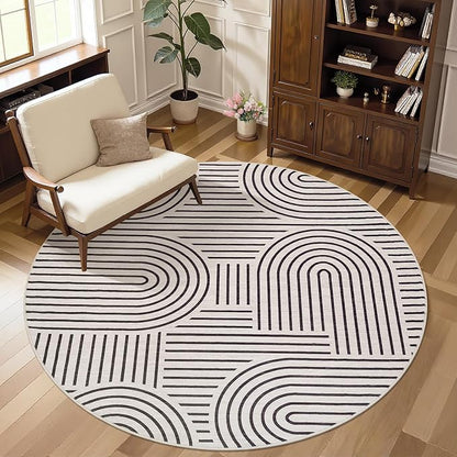 Washable Rug 4ft Area Rugs for Living Room, Abstract Rug for Bedroom, Soft Rainbow Non Slip Throw Rugs with Rubber Back, Low Pile Stain Resistant Boho Geometric Carpet for Dining Room,LightCamel