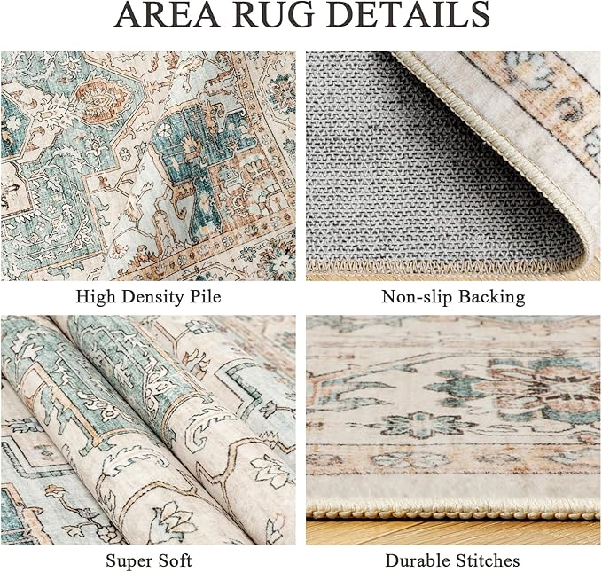 5x7 Area Rug for Living Room, Non Slip Vintage Machine Washable Rug, Foldable Stain Resistant Large Area Rugs for Bedroom, Soft Indoor Boho Carpet for Home Decor (Green/Beige, 5'x7')