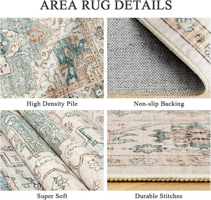 5x7 Area Rug for Living Room, Non Slip Vintage Machine Washable Rug, Foldable Stain Resistant Large Area Rugs for Bedroom, Soft Indoor Boho Carpet for Home Decor (Green/Beige, 5'x7')