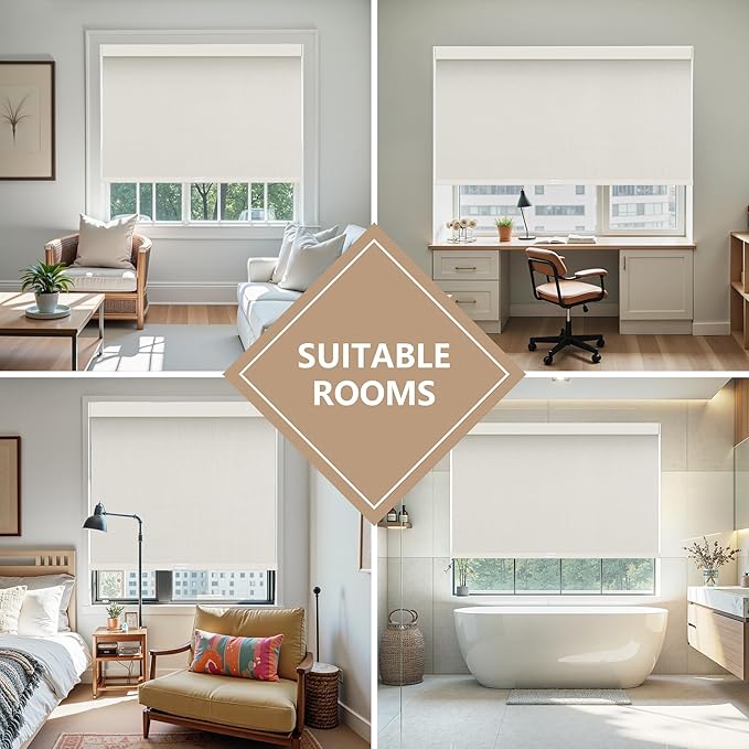 AOSKY Linen Roller Blinds Shades for Indoor Windows Pull Down Cordless Blackout Black Out Window Shade 35.5 Inch Blinds for Home Beige