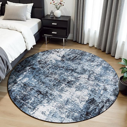 Rugflix Round Area Rugs 4Ft for Living Room, Washable Circle Rug Stain-Resistant Low Pile, Modern Dark Carpet for Bedroom Dining Room Home Office Kid Nursery Room, Navy Blue/Black