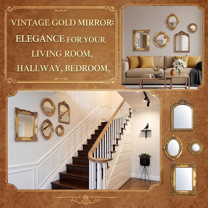 5 Pcs Vintage Gold Mirror Luxury Set Small Gold Mirrors Vintage Gallery Wall Mirror Hanging Antique Art Decor for Wall Living Room Entryway Assorted Sizes (Stylish Style,10in/8in/7in/4in)