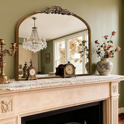 36''x29'' Antique Gold Arched Wall Mirror with Metal Flower Carving Frame, Small Vintage Retro Baroque Mirror Ornate, Vanity Mirror for Bathroom, Fireplace,Entryway, Living Room (Vintage Gold,)