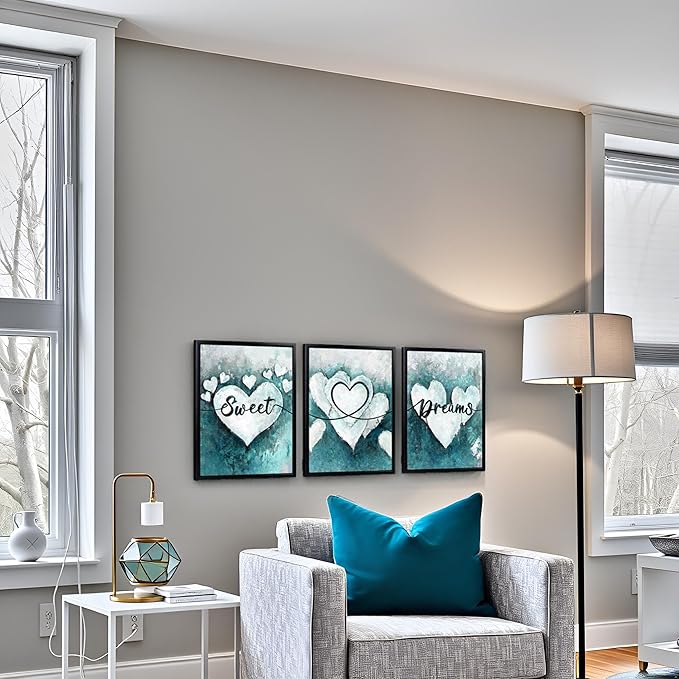 sechars Sweet Dreams Wall Decor Love Heart Painting Wall Art Modern Teal and Grey Bedroom Decorations (Teal)